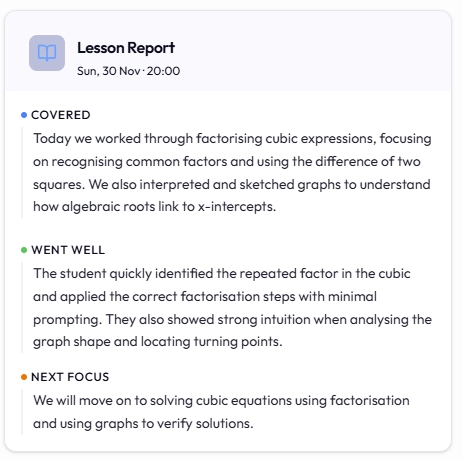 AI-generated lesson summary and progress tracking